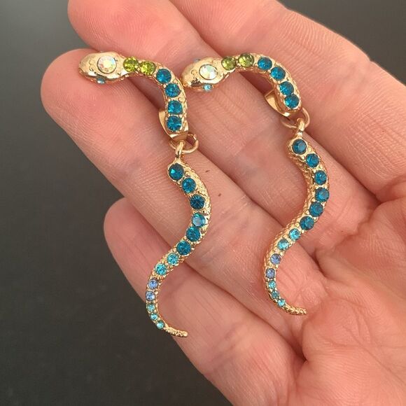 Pavé Crystal Cobra Snake Front Back Earrings with Dangling Tail Gold Tone - Picture 1 of 9